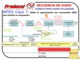SECUENCIA DE AUDIO
                                                      CODECS PARA AUDIO UTILIZADOS
MPEG Capa 1:                                 Utiliza la segmentación por sub-bandas (SBC)
para facilitar la compresión.                                                          SMR = Radio
                                                                                         de señal a
                                                              Enmascaramiento
             24 bits                                                                   enmascarador
            Muestreo y                   Mapeo                                                        Empaquetado      00101
           cuantificación             temporal y                      Cuantificación
                                                                      y codificación                    de trama       0101
             Primarios                frecuencial
                                                    32 Bandas de
Señal Original =                                     frecuencia
Señal + Ruido                                            Umbral
                                                                   Modelo Psico-                       Datos
                                                 Nivel Máximo        acústico                         auxiliares


                                                              FFT de 512 puntos

                            Información de   Factor de                                                              Datos
                             asignación de                    Muestras de Sub-bandas (12 bloques por sub-
Encabezado CRC (16)                          escala (6)                    banda = 384 bits)                       Auxiliares
                                 bits (4)

                                                           32 32 32 32 32 32 32 32 32 32 32 32

                                                           8 mseg                                            ISO 11172-3

                                                          (48 KHz)
 
