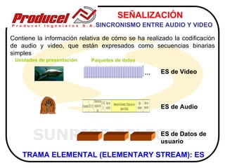 SEÑALIZACIÓN
                              SINCRONISMO ENTRE AUDIO Y VIDEO

Contiene la información relativa de cómo se ha realizado la codificación
de audio y video, que están expresados como secuencias binarias
simples
 Unidades de presentación   Paquetes de datos

                                                …   ES de Video




                                                    ES de Audio



        SUNRISE TELECOM de
                     ES de Datos
                     usuario

    TRAMA ELEMENTAL (ELEMENTARY STREAM): ES
 