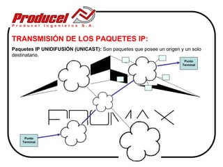 TRANSMISIÓN DE LOS PAQUETES IP:
Paquetes IP UNIDIFUSIÓN (UNICAST): Son paquetes que posee un origen y un solo
destinatario.
                                                                      Punto
                                                                     Terminal




     Punto
    Terminal
 