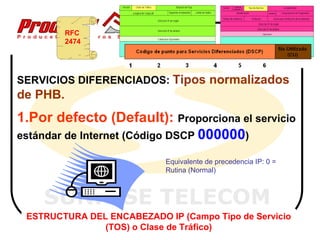 RFC
          2474




SERVICIOS DIFERENCIADOS: Tipos normalizados
de PHB.
1.Por defecto (Default): Proporciona el servicio
estándar de Internet (Código DSCP 000000)

                            Equivalente de precedencia IP: 0 =
                            Rutina (Normal)



    SUNRISE TELECOM
 ESTRUCTURA DEL ENCABEZADO IP (Campo Tipo de Servicio
               (TOS) o Clase de Tráfico)
 