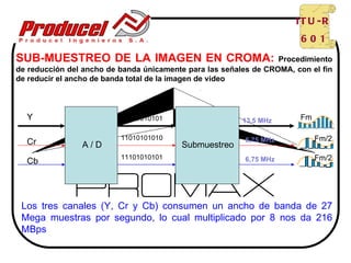 IT U -R
                                                                        601

SUB-MUESTREO DE LA IMAGEN EN CROMA:                               Procedimiento
de reducción del ancho de banda únicamente para las señales de CROMA, con el fin
de reducir el ancho de banda total de la imagen de video



  Y                       01001010101                    13,5 MHz      Fm

                          11010101010                    6,75 MHz           Fm/2
  Cr            A/D                      Submuestreo
                          11101010101                    6,75 MHz           Fm/2
  Cb




 Los tres canales (Y, Cr y Cb) consumen un ancho de banda de 27
 Mega muestras por segundo, lo cual multiplicado por 8 nos da 216
 MBps
 