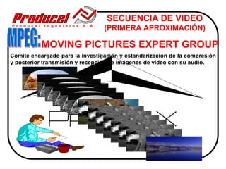 SECUENCIA DE VIDEO
                                 (PRIMERA APROXIMACIÓN)

           MOVING PICTURES EXPERT GROUP
Comité encargado para la investigación y estandarización de la compresión
y posterior transmisión y recepción de imágenes de video con su audio.
 