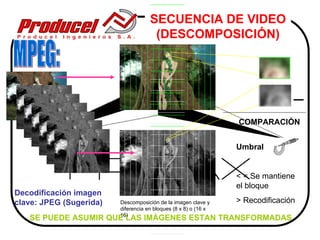 SECUENCIA DE VIDEO
                                      (DESCOMPOSICIÓN)




                                                                 COMPARACIÓN


                                                                 Umbral


                                                                 < = Se mantiene
                                                                 el bloque
Decodificación imagen
clave: JPEG (Sugerida)   Descomposición de la imagen clave y     > Recodificación
                         diferencia en bloques (8 x 8) o (16 x
                         16)
   SE PUEDE ASUMIR QUE LAS IMÁGENES ESTAN TRANSFORMADAS
 