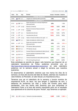 Esta estrategia es sencilla de seguir, solo tenemos que disponer de un
calendario económico de Forex, podemos encontrar uno en
http://www.dinero-internet.net/calendario-economico/ en este calendario
podemos ver la semana actual o elegir la semana que nosotros
queramos.
Si observamos el calendario veremos que nos marca los días de la
semana y la hora del anuncio del dato de interes, además nos muestra el
valor Anterior, la Previsión, el valor Actual y la Importancia (Imp.).
Tenemos que ver el calendario de la semana y buscar eventos de
importancia ALTA, es decir, los que tengan 3 calaveras de toro, y
debemos de anotarnos los días y horas del Evento para estar
pendientes. Una vez hecho esto tenemos que que comprobar el
calendario Forex a la hora del evento importante para ver el resultado
que aparecerá en la columna de pone “Actual”, aquí tenemos un ejemplo:
 