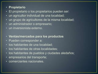 •   Propietario
•   El propietario o los propietarios pueden ser:
•   un agricultor individual de una localidad;
•   un grupo de agricultores de la misma localidad;
•   un administrador o empresario;
•   un inversionista externo.

•   Ventas/mercados para los productos
•   Pueden corresponder a:
•   los habitantes de una localidad;
•   los habitantes de otras localidades;
•   los habitantes de pueblos y ciudades aledaños;
•   empresarios del transporte;
•   comerciantes nacionales.
 