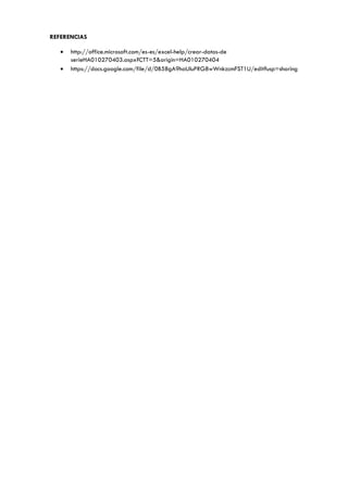 REFERENCIAS
 http://office.microsoft.com/es-es/excel-help/crear-datos-de
serieHA010270403.aspx?CTT=5&origin=HA010270404
 https://docs.google.com/file/d/0B58gA9haUluPRG8wWnkzcmFST1U/edit?usp=sharing
 