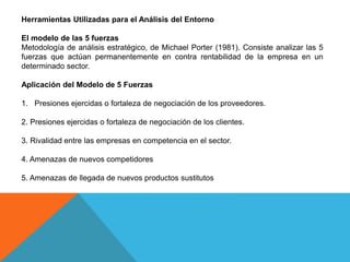 Herramientas Utilizadas para el Análisis del Entorno
El modelo de las 5 fuerzas
Metodología de análisis estratégico, de Michael Porter (1981). Consiste analizar las 5
fuerzas que actúan permanentemente en contra rentabilidad de la empresa en un
determinado sector.
Aplicación del Modelo de 5 Fuerzas
1. Presiones ejercidas o fortaleza de negociación de los proveedores.
2. Presiones ejercidas o fortaleza de negociación de los clientes.
3. Rivalidad entre las empresas en competencia en el sector.
4. Amenazas de nuevos competidores
5. Amenazas de llegada de nuevos productos sustitutos
 