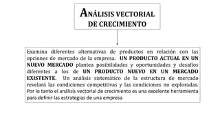 ANÁLISIS VECTORIAL
DE CRECIMIENTO
Examina diferentes alternativas de productos en relación con las
opciones de mercado de la empresa. UN PRODUCTO ACTUAL EN UN
NUEVO MERCADO plantea posibilidades y oportunidades y desafíos
diferentes a los de UN PRODUCTO NUEVO EN UN MERCADO
EXISTENTE. Un análisis sistemático de la estructura de mercado
revelará las condiciones competitivas y las condiciones no exploradas.
Por lo tanto el análisis vectorial de crecimiento es una excelente herramienta
para definir las estrategias de una empresa
 