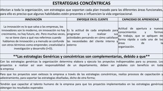 ESTRATEGIAS CONCÉNTRICAS
Afectan a toda la organización, son estrategias que soportan cada plan trazado para las diferentes áreas funcionales,
para ello es preciso que algunas habilidades estén presentes e influencien la vida organizacional.
INNOVACIÓN ENFOQUE EN EL CLIENTE CAPACIDAD DE APRENDIZAJE
La innovación es lo que salva a las empresas, los
innovadores son lo moderno, sin innovación no hay
crecimiento, no hay futuro, etc. Pero muchas veces,
no se tiene claro a qué nos referimos cuando
hablamos de innovación y a menudo se confunde
con otros términos como emprender, creatividad o
investigación y desarrollo (I+D).
Es la actitud de cada empleado para
programar y realizar sus
actividades pensando en cómo satisfacer
las necesidades del cliente interno y
externo
Actitud de apertura a nuevos
conocimientos y formas
de trabajo, que se apliquen de
forma rápida a cada una de las
áreas de la
organización.
**Las estrategias Genéricas y concéntricas son complementarias, debido a que**
Con las estrategias genéricas la organización determina elabora y ejecuta los proyectos indispensables para su proceso. Los
proyectos a realizar así sean responsabilidad de un departamento, deben ser globales con beneficio en toda
la empresa
Para que los proyectos sean exitosos la empresa a través de las estrategias concéntricas, realiza procesos de capacitación y
adiestramiento, para soportar las estrategias diseñadas, dicho de otra forma;
Tendrán que capacitar al talento humano de la empresa para que los proyectos implementados en las estrategias genéricas
obtengan los resultados esperados
 