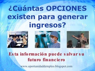 ¿Cuántas OPCIONES existen para generar ingresos? Esta información puede salvar su futuro financiero www.oportunidaddempleo.blogspot.com 