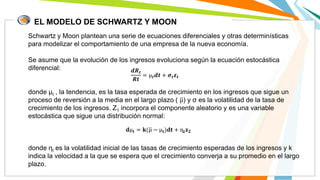 EL MODELO DE SCHWARTZ Y MOON
Schwartz y Moon plantean una serie de ecuaciones diferenciales y otras determinísticas
para modelizar el comportamiento de una empresa de la nueva economía.
Se asume que la evolución de los ingresos evoluciona según la ecuación estocástica
diferencial:
donde µt , la tendencia, es la tasa esperada de crecimiento en los ingresos que sigue un
proceso de reversión a la media en el largo plazo ( µ) y σ es la volatilidad de la tasa de
crecimiento de los ingresos. Z1 incorpora el componente aleatorio y es una variable
estocástica que sigue una distribución normal:
donde ηt es la volatilidad inicial de las tasas de crecimiento esperadas de los ingresos y k
indica la velocidad a la que se espera que el crecimiento converja a su promedio en el largo
plazo.
𝒅𝑹 𝒕
𝑹𝒕
= µ 𝒕 𝒅𝒕 + 𝝈 𝒕 𝒛𝒕
𝐝µ𝐭 = 𝐤(µ − µ𝐭)𝐝𝐭 + ɳ𝐭 𝐳 𝟐
 