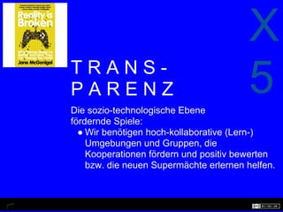 X
TRANS-
PARENZ
Die sozio-technologische Ebene
                                        5
fördernde Spiele:
  ● Wir benötigen hoch-kollaborative (Lern-)
    Umgebungen und Gruppen, die
    Kooperationen fördern und positiv bewerten
    bzw. die neuen Supermächte erlernen helfen.
 