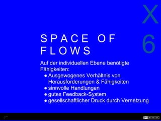 X
SPACE OF
FLOWS
Auf der individuellen Ebene benötigte
                                         6
Fähigkeiten:
 ● Ausgewogenes Verhältnis von
   Herausforderungen & Fähigkeiten
 ● sinnvolle Handlungen
 ● gutes Feedback-System
 ● gesellschaftlicher Druck durch Vernetzung
 