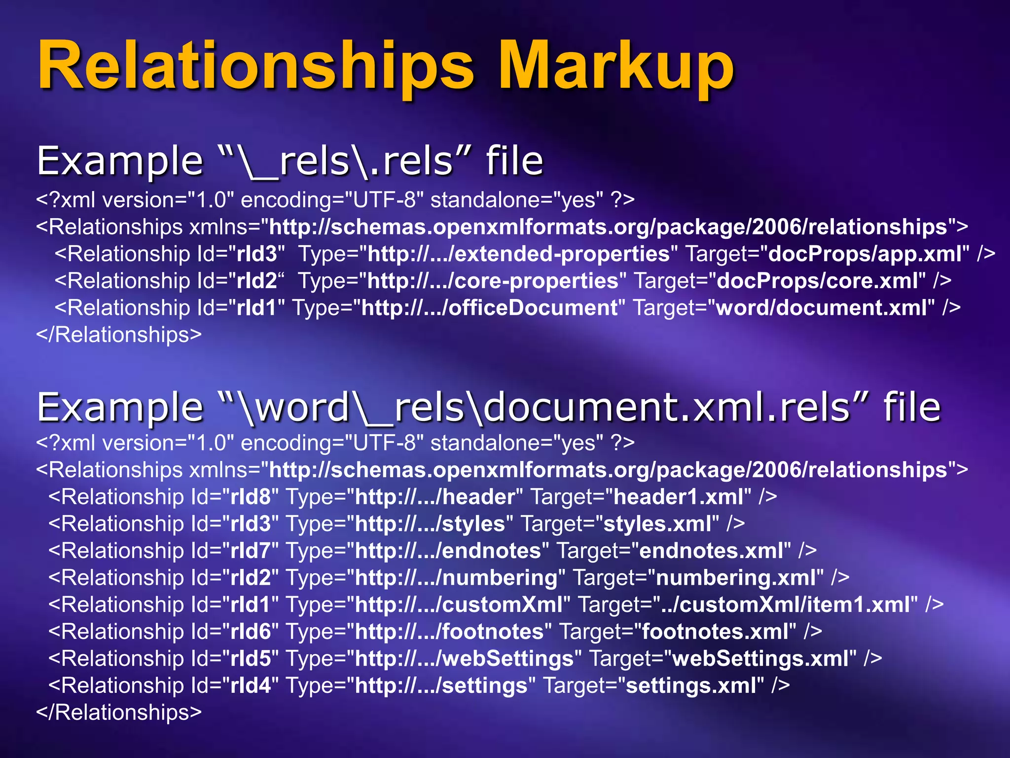 Relationships Markup
Example “_rels.rels” file
<?xml version="1.0" encoding="UTF-8" standalone="yes" ?>
<Relationships xmlns="http://schemas.openxmlformats.org/package/2006/relationships">
  <Relationship Id="rId3" Type="http://.../extended-properties" Target="docProps/app.xml" />
  <Relationship Id="rId2“ Type="http://.../core-properties" Target="docProps/core.xml" />
  <Relationship Id="rId1" Type="http://.../officeDocument" Target="word/document.xml" />
</Relationships>


Example “word_relsdocument.xml.rels” file
<?xml version="1.0" encoding="UTF-8" standalone="yes" ?>
<Relationships xmlns="http://schemas.openxmlformats.org/package/2006/relationships">
 <Relationship Id="rId8" Type="http://.../header" Target="header1.xml" />
 <Relationship Id="rId3" Type="http://.../styles" Target="styles.xml" />
 <Relationship Id="rId7" Type="http://.../endnotes" Target="endnotes.xml" />
 <Relationship Id="rId2" Type="http://.../numbering" Target="numbering.xml" />
 <Relationship Id="rId1" Type="http://.../customXml" Target="../customXml/item1.xml" />
 <Relationship Id="rId6" Type="http://.../footnotes" Target="footnotes.xml" />
 <Relationship Id="rId5" Type="http://.../webSettings" Target="webSettings.xml" />
 <Relationship Id="rId4" Type="http://.../settings" Target="settings.xml" />
</Relationships>
 