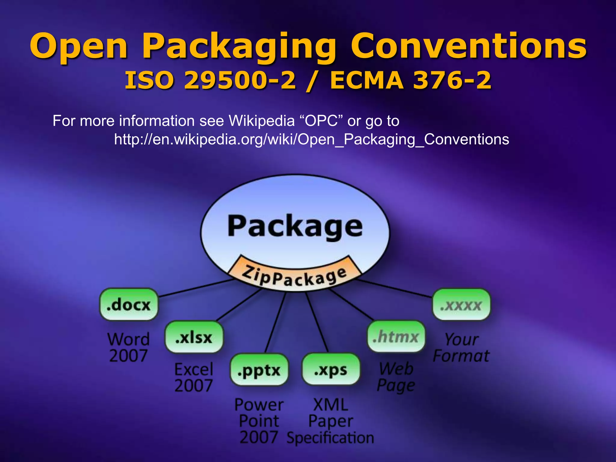 Open Packaging Conventions
          ISO 29500-2 / ECMA 376-2
 For more information see Wikipedia “OPC” or go to
         http://en.wikipedia.org/wiki/Open_Packaging_Conventions
 