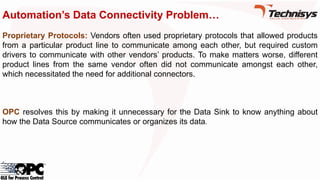 Automation’s Data Connectivity Problem…
Proprietary Protocols: Vendors often used proprietary protocols that allowed products
from a particular product line to communicate among each other, but required custom
drivers to communicate with other vendors’ products. To make matters worse, different
product lines from the same vendor often did not communicate amongst each other,
which necessitated the need for additional connectors.
OPC resolves this by making it unnecessary for the Data Sink to know anything about
how the Data Source communicates or organizes its data.
 