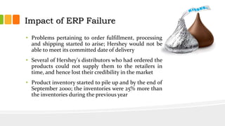 Impact of ERP Failure
• Problems pertaining to order fulfillment, processing
and shipping started to arise; Hershey would not be
able to meet its committed date of delivery
• Several of Hershey's distributors who had ordered the
products could not supply them to the retailers in
time, and hence lost their credibility in the market
• Product inventory started to pile up and by the end of
September 2000; the inventories were 25% more than
the inventories during the previous year
 