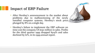 • After Hershey’s announcement in the market about
problems due to malfunctioning of the newly
installed computer systems, Hershey's stock price
plunged by 8% on a single day.
• Hershey's failure to implement the ERP software on
time cost the company US $150 million in sales. Profits
for the third quarter 1999 dropped by19% and sales
declined by l2%, in its 1999 annual report.
Impact of ERP Failure
 