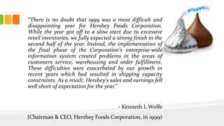 “There is no doubt that 1999 was a most difficult and
disappointing year for Hershey Foods Corporation.
While the year got off to a slow start due to excessive
retail inventories, we fully expected a strong finish in the
second half of the year. Instead, the implementation of
the final phase of the Corporation's enterprise-wide
information system created problems in the areas of
customers service, warehousing and order fulfillment.
These difficulties were exacerbated by our growth in
recent years which had resulted in shipping capacity
constraints. As a result, Hershey's sales and earnings fell
well short of expectation for the year.”
- Kenneth L Wolfe
(Chairman & CEO, Hershey Foods Corporation, in 1999)
 
