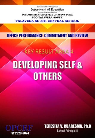 Republic of the Philippines
Department of Education
Region III- Central Luzon
SCHOOLS DIVISION OFFICE OF NUEVA ECIJA
SDO TALAVERA SOUTH
TALAVERA SOUTH CENTRAL SCHOOL
SY 2023-2024
TERESITA V. CUARESMA, Ph.D
School Principal III
 