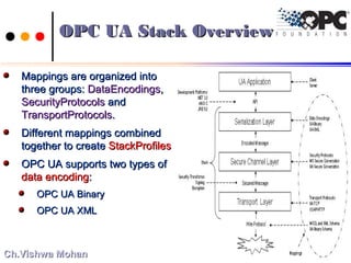 OPC UA Stack OverviewOPC UA Stack Overview
Mappings are organized intoMappings are organized into
three groups:three groups: DataEncodingsDataEncodings,,
SecurityProtocolsSecurityProtocols andand
TransportProtocolsTransportProtocols..
Different mappings combinedDifferent mappings combined
together to createtogether to create StackProfilesStackProfiles
OPC UA supports two types ofOPC UA supports two types of
datadata encodingencoding::
OPC UA BinaryOPC UA Binary
OPC UA XMLOPC UA XML
100100Ch.Vishwa MohanCh.Vishwa Mohan
 