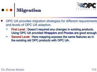 MigrationMigration
OPC UA provides migration strategies for different requirements
and levels of OPC UA adaption.
First LevelFirst Level : Doesn’t required any changes in existing products.: Doesn’t required any changes in existing products.
Using OPC UA providedUsing OPC UA provided WrappersWrappers andand ProxiesProxies are good enough.are good enough.
Second LevelSecond Level: Here mapping exposes the same features as in: Here mapping exposes the same features as in
the existing old OPC products with OPC UA.the existing old OPC products with OPC UA.
115115Ch.Vishwa MohanCh.Vishwa Mohan
 