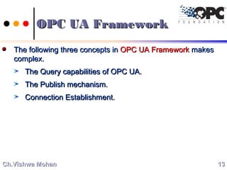 OPC UA FrameworkOPC UA Framework
The following three concepts inThe following three concepts in OPC UA FrameworkOPC UA Framework makesmakes
complex.complex.
The Query capabilities of OPC UA.The Query capabilities of OPC UA.
The Publish mechanism.The Publish mechanism.
Connection Establishment.Connection Establishment.
1313Ch.Vishwa MohanCh.Vishwa Mohan
 