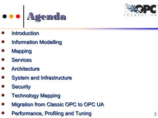AgendaAgenda
IntroductionIntroduction
Information ModellingInformation Modelling
MappingMapping
ServicesServices
ArchitectureArchitecture
System and InfrastructureSystem and Infrastructure
SecuritySecurity
Technology MappingTechnology Mapping
Migration from Classic OPC to OPC UAMigration from Classic OPC to OPC UA
Performance, Profiling and TuningPerformance, Profiling and Tuning 22
 