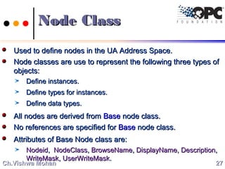 Node ClassNode Class
Used to define nodes in the UA Address Space.Used to define nodes in the UA Address Space.
Node classes are use to represent the following three types ofNode classes are use to represent the following three types of
objects:objects:
Define instances.Define instances.
Define types for instances.Define types for instances.
Define data types.Define data types.
All nodes are derived fromAll nodes are derived from BaseBase node class.node class.
No references are specified forNo references are specified for BaseBase node class.node class.
Attributes of Base Node class are:Attributes of Base Node class are:
NodeidNodeid,, NodeClassNodeClass,, BrowseNameBrowseName,, DisplayNameDisplayName,, DescriptionDescription,,
WriteMaskWriteMask,, UserWriteMaskUserWriteMask..
2727Ch.Vishwa MohanCh.Vishwa Mohan
 