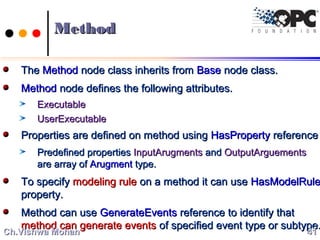 MethodMethod
TheThe MethodMethod node class inherits fromnode class inherits from BaseBase node class.node class.
MethodMethod node defines the following attributes.node defines the following attributes.
ExecutableExecutable
UserExecutableUserExecutable
Properties are defined on method usingProperties are defined on method using HasPropertyHasProperty referencereference
Predefined propertiesPredefined properties InputArugmentsInputArugments andand OutputArguementsOutputArguements
are array ofare array of ArugmentArugment type.type.
To specifyTo specify modeling rulemodeling rule on a method it can useon a method it can use HasModelRuleHasModelRule
property.property.
Method can useMethod can use GenerateEventsGenerateEvents reference to identify thatreference to identify that
method can generate eventsmethod can generate events of specified event type or subtype.of specified event type or subtype.
4141Ch.Vishwa MohanCh.Vishwa Mohan
 