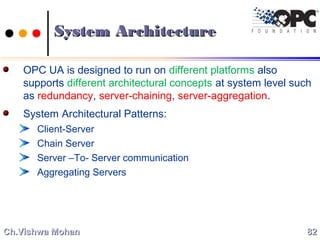 System ArchitectureSystem Architecture
OPC UA is designed to run on different platforms also
supports different architectural concepts at system level such
as redundancy, server-chaining, server-aggregation.
System Architectural Patterns:
Client-Server
Chain Server
Server –To- Server communication
Aggregating Servers
8282Ch.Vishwa MohanCh.Vishwa Mohan
 