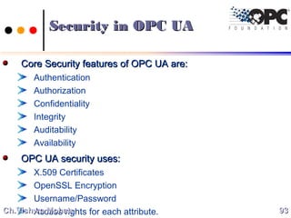 Security in OPC UASecurity in OPC UA
Core Security features of OPC UA are:Core Security features of OPC UA are:
Authentication
Authorization
Confidentiality
Integrity
Auditability
Availability
OPC UA security uses:OPC UA security uses:
X.509 Certificates
OpenSSL Encryption
Username/Password
Access rights for each attribute. 9393Ch.Vishwa MohanCh.Vishwa Mohan
 
