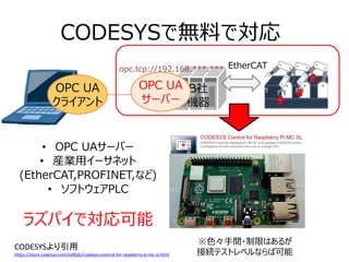 CODESYSで無料で対応
• OPC UAサーバー
• 産業用イーサネット
(EtherCAT,PROFINET,など)
• ソフトウェアPLC
ラズパイで対応可能
EtherCAT
B社
機器
OPC UA
サーバー
OPC UA
クライアント
opc.tcp://192.168.***.***
※色々手間・制限はあるが
接続テストレベルならば可能
CODESYSより引用
https://store.codesys.com/softplc/codesys-control-for-raspberry-pi-mc-sl.html
 