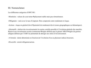 III. Nomenclature
Les différentes catégories d’OPCVM :
-Monétaire : valeurs de cout termeplacement stable mais peu rémunérateur.
-Obligataire : varie avec le taux d’emprunt. Bon compromis entre rendement et risque.
-Actions : risque en général élevépotentiel de rendement élevé (zones géographiques ou thématiques).
-Alternatifs : réaliser des investissements les moins corrélés possible à l’évolution générale des marchés.
Réservé aux investisseurs avertis (contractuelrègles définies par le gérant/ ARIArègles de gestion
allégées définies par l’AMF lui permettant de déroger aux ratios d’investissement.
-A formule : durée déterminée en fonction de l’évolution d’un ou plusieurs indices boursiers.
-Diversifié : mixité obligation/action.
 