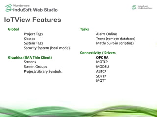 IoTView Features
Global
Project Tags
Classes
System Tags
Security System (local mode)
Graphics (SMA Thin Client)
Screens
Screen Groups
Project/Library Symbols
Tasks
Alarm Online
Trend (remote database)
Math (built-in scripting)
Connectivity / Drivers
OPC UA
MOTCP
MODBU
ABTCP
SOFTP
MQTT
 