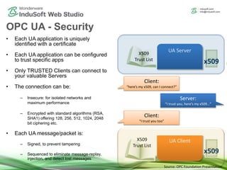 OPC UA - Security
• Each UA application is uniquely
identified with a certificate
• Each UA application can be configured
to trust specific apps
• Only TRUSTED Clients can connect to
your valuable Servers
• The connection can be:
– Insecure: for isolated networks and
maximum performance
– Encrypted with standard algorithms (RSA,
SHA1) offering 128, 256, 512, 1024, 2048
bit ciphering etc.
• Each UA message/packet is:
– Signed, to prevent tampering
– Sequenced to eliminate message-replay,
injection, and detect lost messages
UA Server
x509
X509
Trust List
UA ClientX509
Trust List
x509
Client:
“here’s my x509, can I connect?”
Server:
“I trust you, here’s my x509…”
Client:
“I trust you too”
Source: OPC Foundation Presentation
 