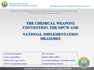 Working together for a world free of chemical weapons

               Seminar for the Andean Region States: United Nations Security Council Resolution 1540,
                                    12-14 March 2012, MFA, Bogota, Colombia




                               THE CHEMICAL WEAPONS
                              CONVENTION, THE OPCW AND
                              NATIONAL IMPLEMENTATION
                                     MEASURES



       Mr Karim Hammoud                               Ms Vera Hanus
       Senior Legal Officer                           Political Affairs Officer
       Office of the Legal Adviser                    Government Relations and Political Affairs
       OPCW Technical Secretariat                     External Relations Division
www.opcw.org                                                                                                   1        1


                                ORGANISATION FOR THE PROHIBITION OF CHEMICAL WEAPONS
 