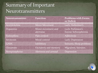 Neurotransmitter Function Problems with Excess
or Deficit
Acetylcholine Motor Movement Lack: Alzheimer’s
Dopamine Motor movement and
alertness
Lack: Parkinson’s
Excess: Schizophrenia
Endorphins Pain control Addictions
Serotonin Mood control Lack: Depression
GABA Inhibitory Seizures; Sleep problems
Glutamate Excitatory and memory Migraines; Seizures
Norepinephrine Alertness and arousal Depression
 