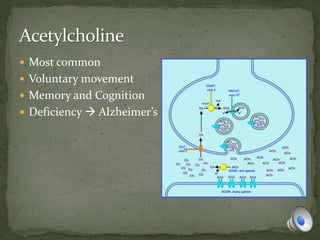  Most common
 Voluntary movement
 Memory and Cognition
 Deficiency  Alzheimer’s
 