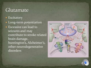  Excitatory
 Long-term potentiation
 Excessive can lead to
seizures and may
contribute to stroke related
brain damage,
huntington’s, Alzheimer’s,
other neurodegenerative
disorders
 