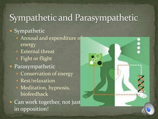  Sympathetic
 Arousal and expenditure of
energy
 External threat
 Fight or flight
 Parasympathetic
 Conservation of energy
 Rest/relaxation
 Meditation, hypnosis,
biofeedback
 Can work together, not just
in opposition!
 