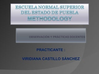 OBSERVACIÒN Y PRÀCTICAS DOCENTES



       PRACTICANTE :

VIRIDIANA CASTILLO SÀNCHEZ
 