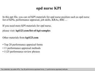 opd nurse KPI 
In this ppt file, you can ref KPI materials for opd nurse position such as opd nurse 
list of KPIs, performance appraisal, job skills, KRAs, BSC… 
If you need more KPI materials for opd nurse, 
please visit: kpi123.com/list-of-kpi-samples 
Other materials from kpi123.com 
• Top 28 performance appraisal forms 
• 11 performance appraisal methods 
• 1125 performance review phrases 
Top materials: top sales KPIs, Top 28 performance appraisal forms, 11 performance appraisal methods 
Interview questions and answers – free download/ pdf and ppt file 
 