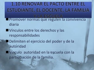 Promover normas que regulen la convivencia
 diaria
Vínculos entre los derechos y las
 responsabilidades
Delimiten el ejercicio del poder y de la
 autoridad
Vínculo autoridad en la escuela con la
 participación de la familia.
 