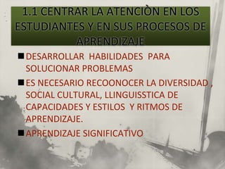 DESARROLLAR HABILIDADES PARA
 SOLUCIONAR PROBLEMAS
ES NECESARIO RECOONOCER LA DIVERSIDAD ,
 SOCIAL CULTURAL, LLINGUISSTICA DE
 CAPACIDADES Y ESTILOS Y RITMOS DE
 APRENDIZAJE.
APRENDIZAJE SIGNIFICATIVO
 
