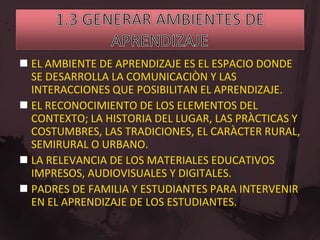  EL AMBIENTE DE APRENDIZAJE ES EL ESPACIO DONDE
  SE DESARROLLA LA COMUNICACIÒN Y LAS
  INTERACCIONES QUE POSIBILITAN EL APRENDIZAJE.
 EL RECONOCIMIENTO DE LOS ELEMENTOS DEL
  CONTEXTO; LA HISTORIA DEL LUGAR, LAS PRÀCTICAS Y
  COSTUMBRES, LAS TRADICIONES, EL CARÀCTER RURAL,
  SEMIRURAL O URBANO.
 LA RELEVANCIA DE LOS MATERIALES EDUCATIVOS
  IMPRESOS, AUDIOVISUALES Y DIGITALES.
 PADRES DE FAMILIA Y ESTUDIANTES PARA INTERVENIR
  EN EL APRENDIZAJE DE LOS ESTUDIANTES.
 