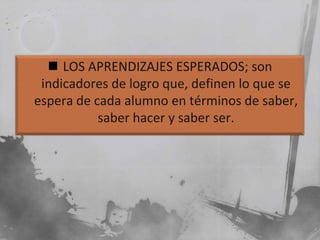  LOS APRENDIZAJES ESPERADOS; son
 indicadores de logro que, definen lo que se
espera de cada alumno en términos de saber,
           saber hacer y saber ser.
 