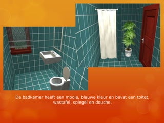 De badkamer heeft een mooie, blauwe kleur en bevat een toitet, wastafel, spiegel en douche. 