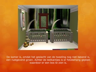 De kamer is, omdat het geslacht van de tweeling nog niet bekend is, een rustgevend groen. Achter de ledikantjes is er fotobehang geplakt waardoor er een bos te zien is.
