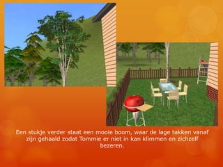 Een stukje verder staat een mooie boom, waar de lage takken vanaf zijn gehaald zodat Tommie er niet in kan klimmen en zichzelf bezeren.